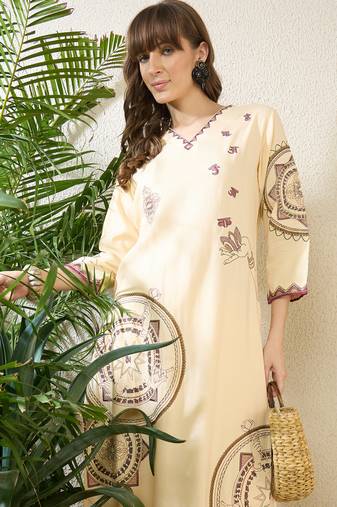 Cream rayon straight kurta with palazzos