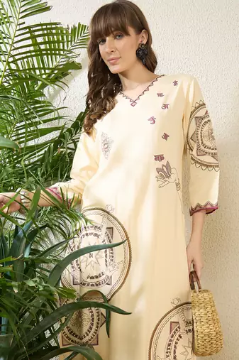 Cream rayon straight kurta with palazzos