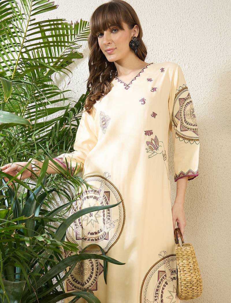 Cream rayon straight kurta with palazzos