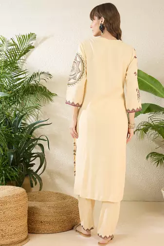 Cream rayon straight kurta with palazzos