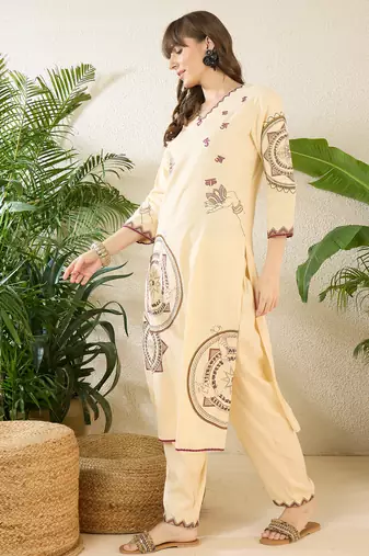 Cream rayon straight kurta with palazzos