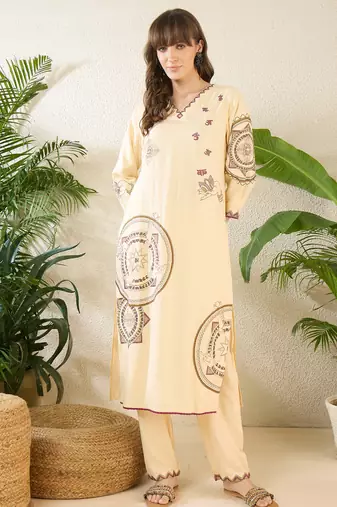 Cream rayon straight kurta with palazzos