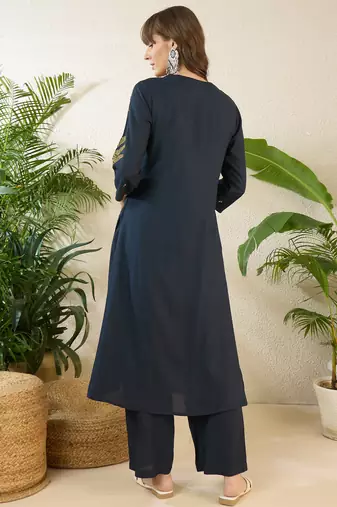 Navy blue rayon a-line kurta with palazzos