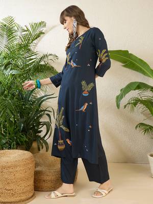 Navy blue rayon a-line kurta with palazzos 3