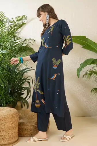 Navy blue rayon a-line kurta with palazzos