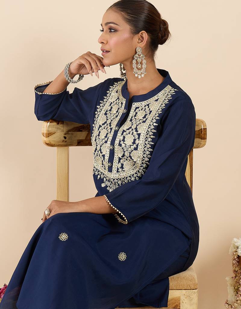 Navy blue silk-blend kurta set with trousers