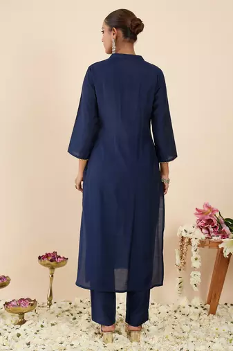 Navy blue silk-blend kurta set with trousers