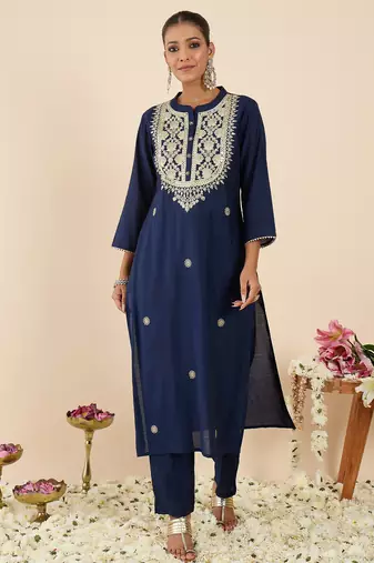 Navy blue silk-blend kurta set with trousers