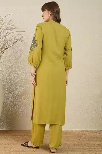 Green rayon straight kurta with trousers