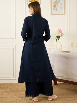 Blue cotton-blend a-line kurta with palazzos 2