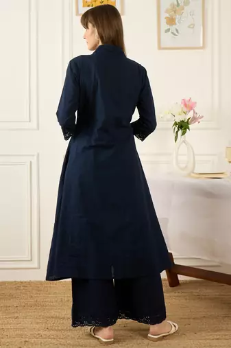 Blue cotton-blend a-line kurta with palazzos