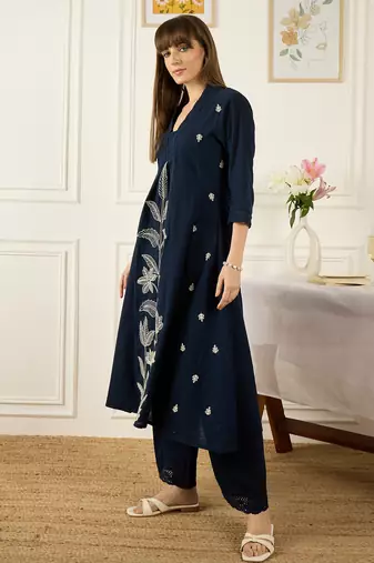 Blue cotton-blend a-line kurta with palazzos