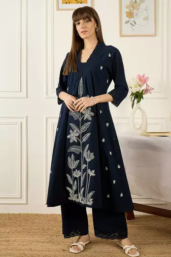 Blue cotton-blend a-line kurta with palazzos