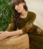 Olive cotton straight kurta with trousers