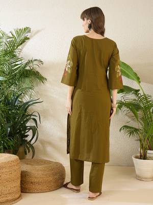 Olive cotton straight kurta with trousers 2