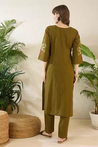 Olive cotton straight kurta with trousers