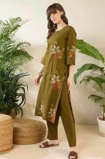 Olive cotton straight kurta with trousers