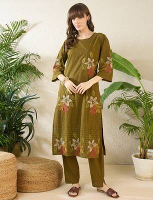 Olive cotton straight kurta with trousers 4
