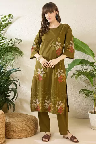 Olive cotton straight kurta with trousers