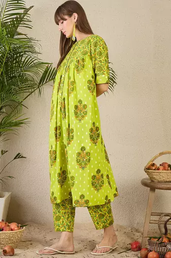 Yellow cotton a-line kurta with trousers
