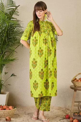 Yellow cotton a-line kurta with trousers