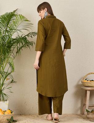 Olive cotton straight kurta with palazzos 2