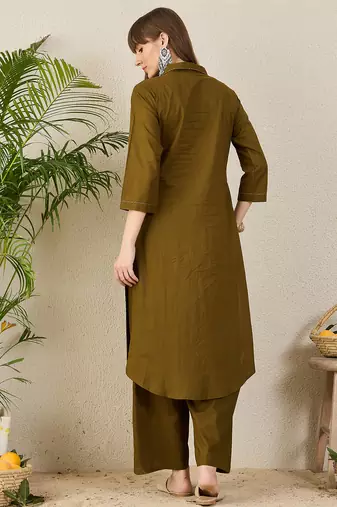 Olive cotton straight kurta with palazzos