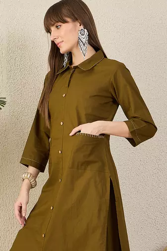 Olive cotton straight kurta with palazzos