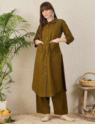 Olive cotton straight kurta with palazzos 4