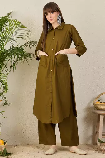 Olive cotton straight kurta with palazzos
