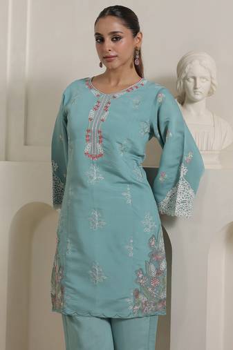 Teal silk-blend straight kurta with palazzos
