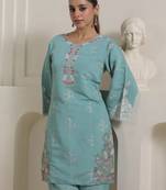 Teal silk-blend straight kurta with palazzos
