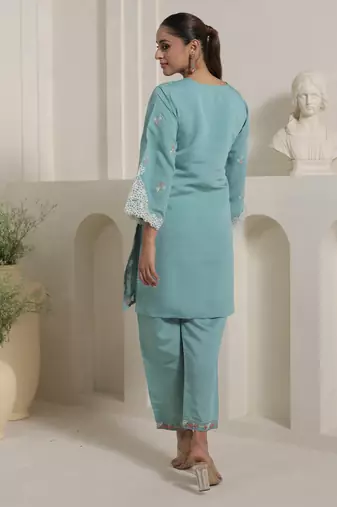 Teal silk-blend straight kurta with palazzos