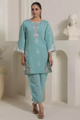 Teal silk-blend straight kurta with palazzos