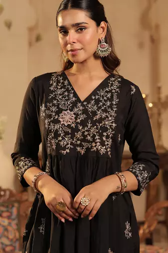 Black silk-blend a-line kurta with trousers