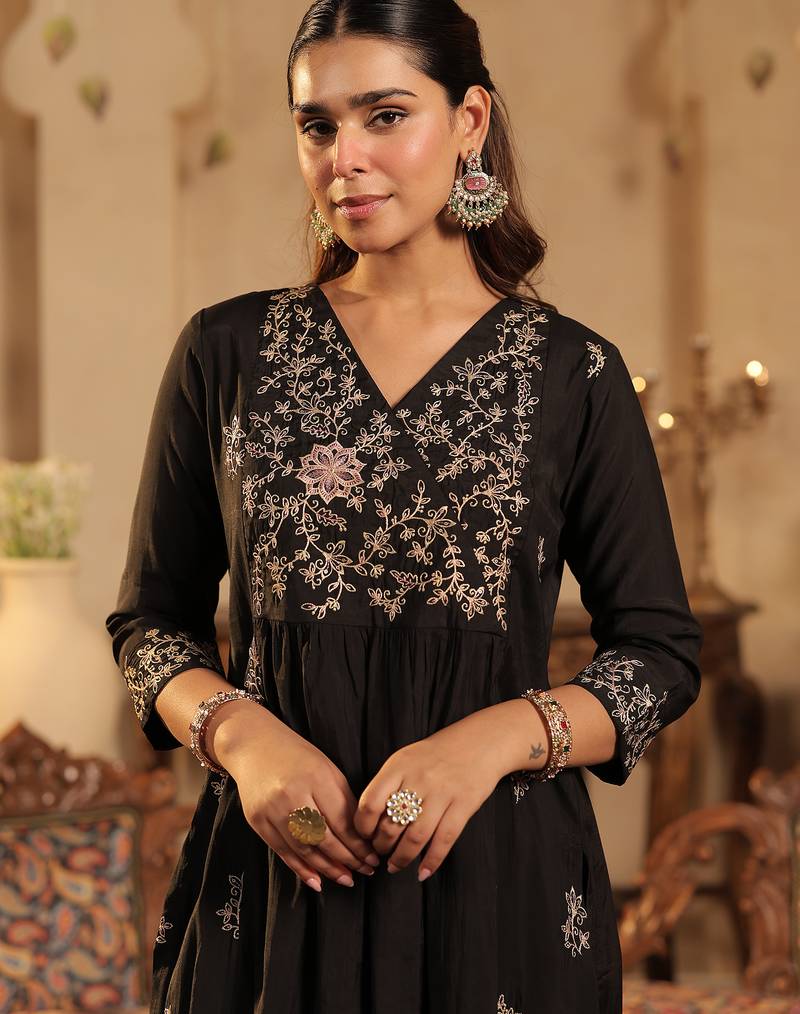 Black silk-blend a-line kurta with trousers