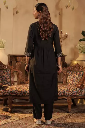 Black silk-blend a-line kurta with trousers
