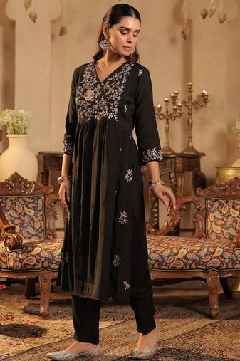 Black silk-blend a-line kurta with trousers