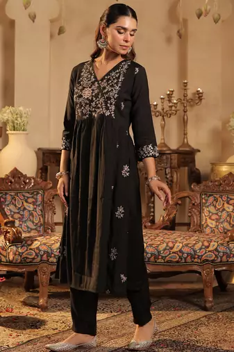 Black silk-blend a-line kurta with trousers