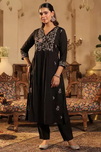 Black silk-blend a-line kurta with trousers