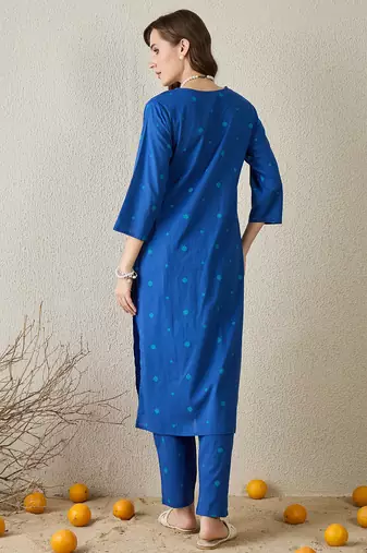 Blue cotton straight kurta with trousers