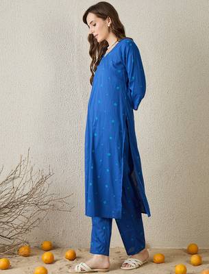 Blue cotton straight kurta with trousers 3