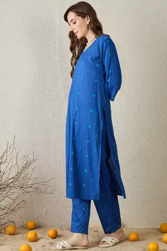 Blue cotton straight kurta with trousers