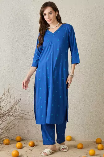 Blue cotton straight kurta with trousers