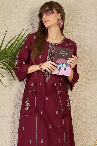 Maroon cotton a-line kurta with trousers