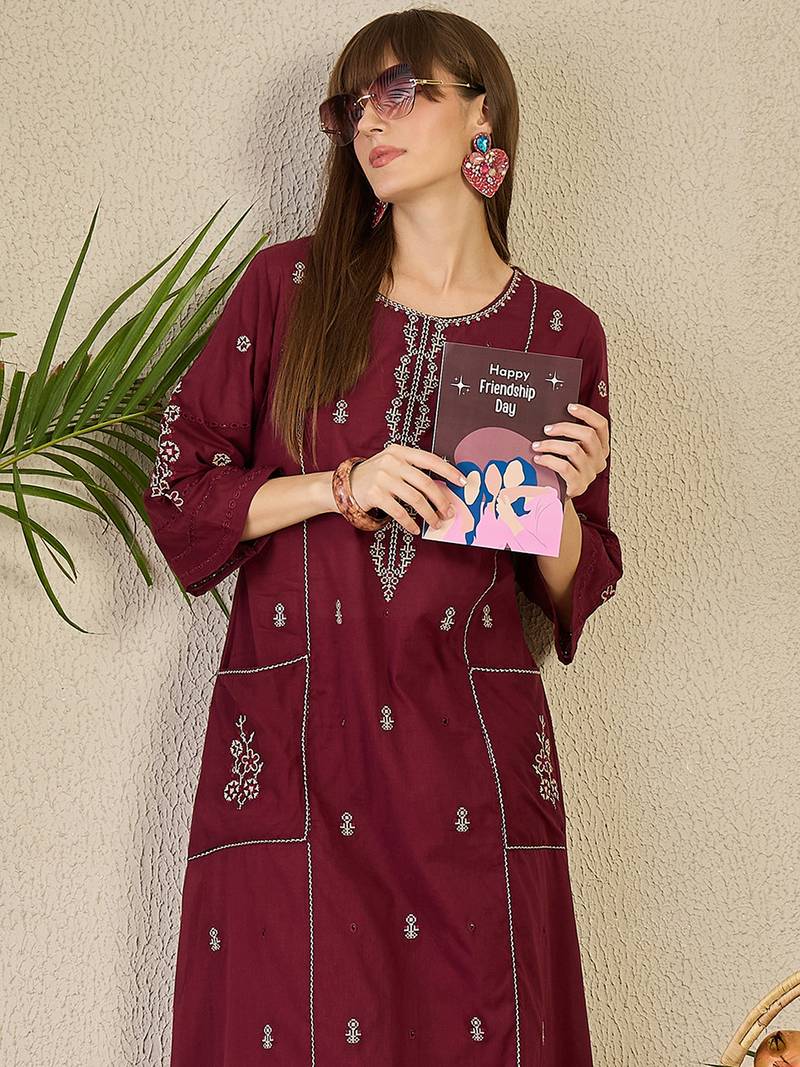 Maroon cotton a-line kurta with trousers