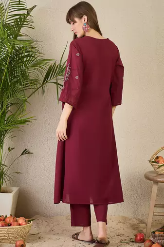 Maroon cotton a-line kurta with trousers
