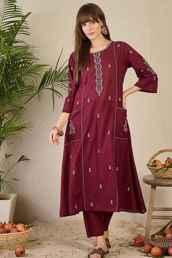 Maroon cotton a-line kurta with trousers