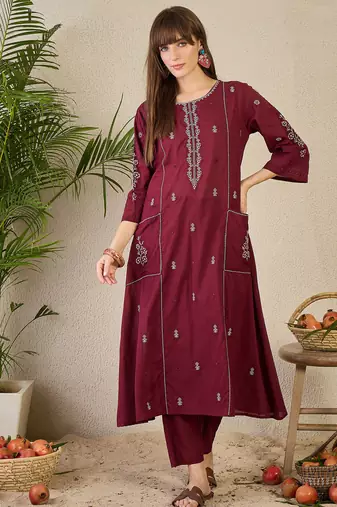 Maroon cotton a-line kurta with trousers
