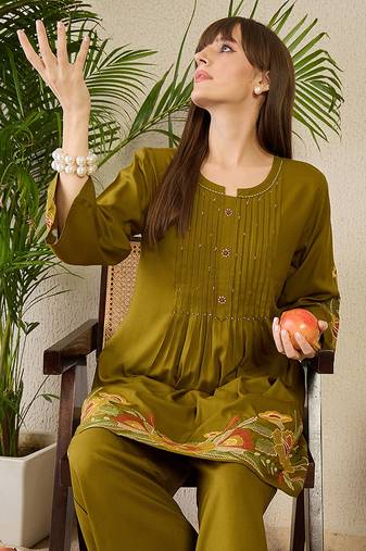 Olive rayon a-line kurta with palazzos